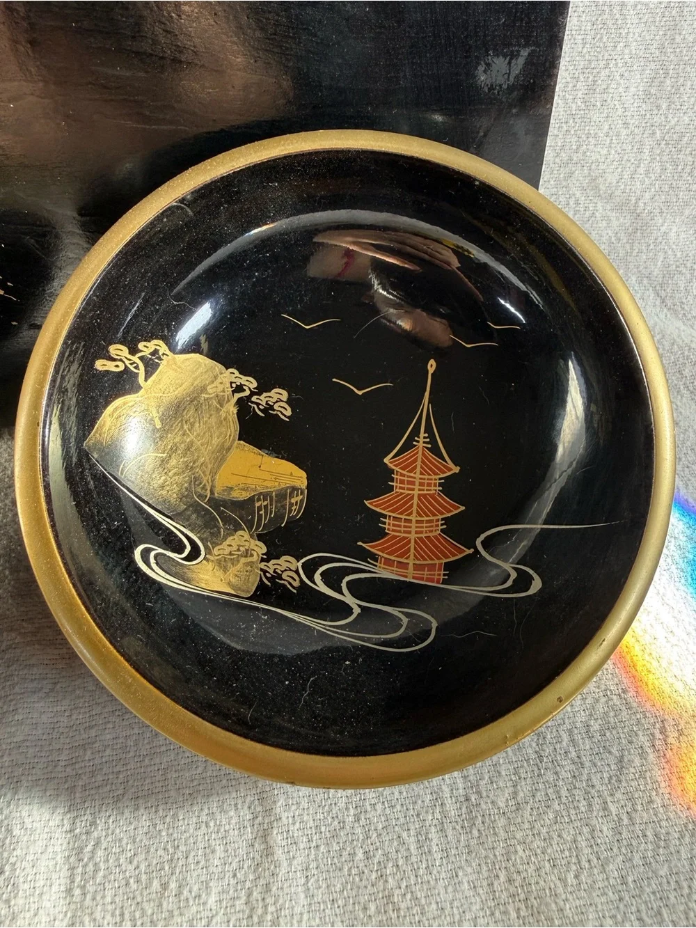 Vintage Japanese Black Lacquer Decorative Wall Hanging Plates - Set of 2
